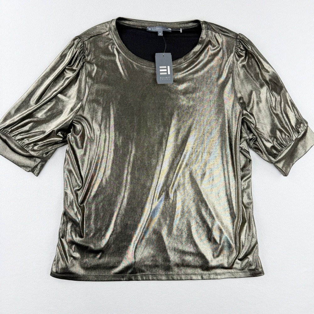 Elliott Lauren Metallic Puff Sleeve Womens Size XL Gold Sparkle Party Top NWT